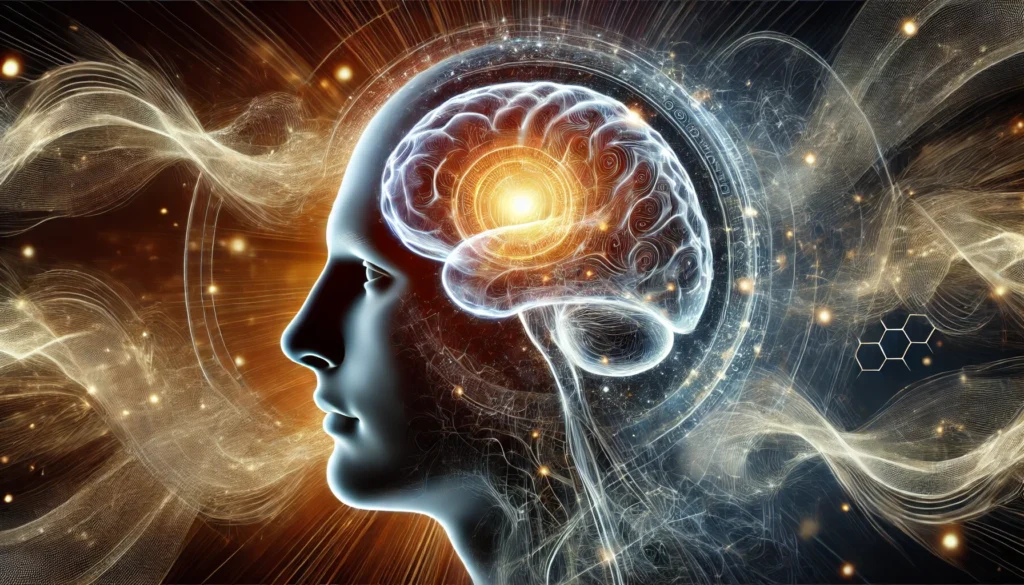 A high-tech visualization of cognitive enhancement, featuring a human head with illuminated neural activity and bio-digital interface effects.