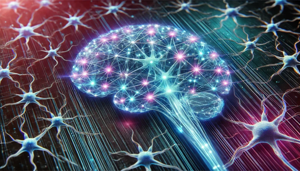 A glowing synaptic network with electric-blue and neon-purple hues, symbolizing the effects of nootropics on brain function and mental clarity.