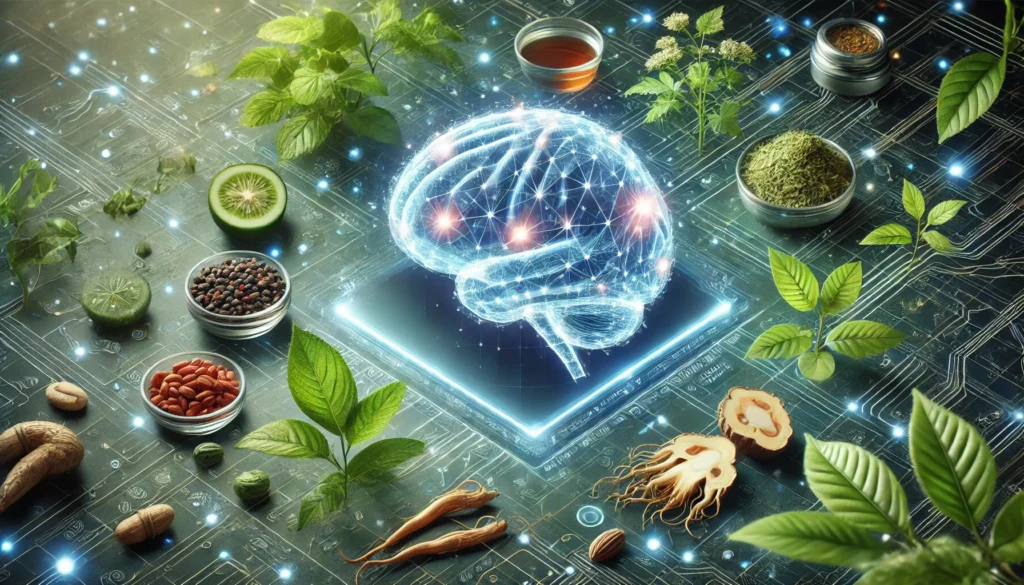 A futuristic visualization of enhanced cognitive function, depicting a glowing human brain surrounded by natural energy sources like green tea leaves, ginseng roots, and adaptogenic herbs against a high-tech neural network-inspired background.