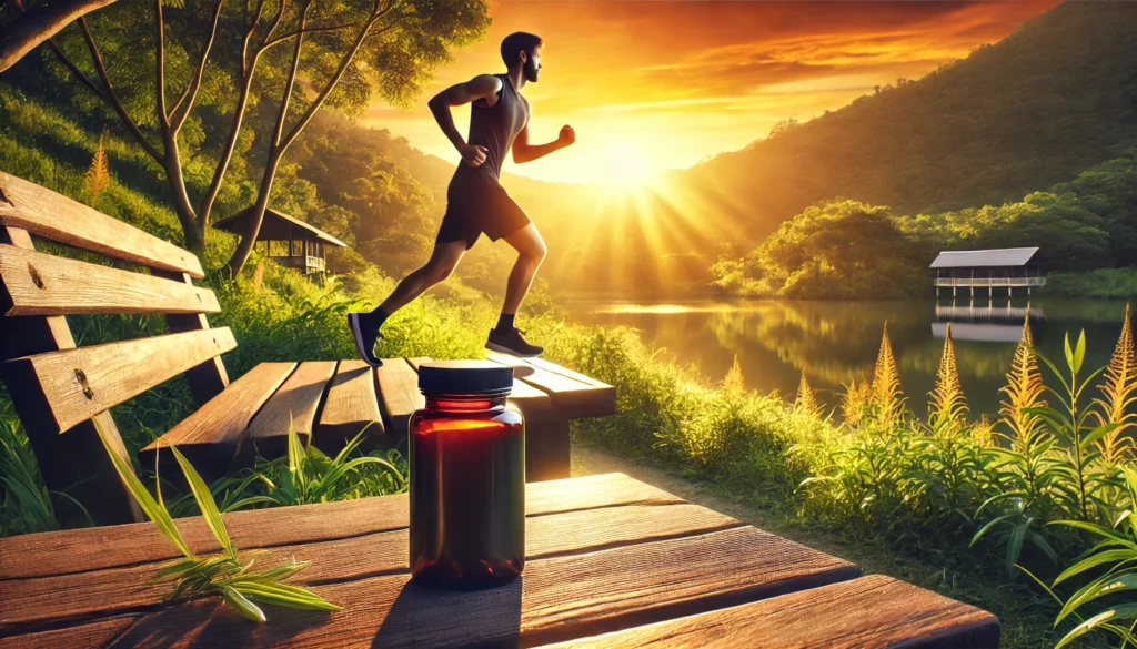 A person jogging on a scenic outdoor trail in the morning sunlight, with a bottle of supplements on a nearby bench, representing energy, focus, and motivation.