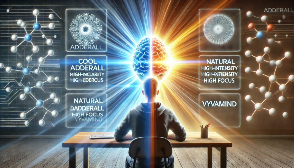A person sitting at a desk with a glowing brain, representing mental clarity and high focus. One side of the image features a cool, high-intensity lighting effect (symbolizing Adderall), while the other side showcases a warm, natural light (symbolizing Vyvamind), highlighting different cognitive effects.