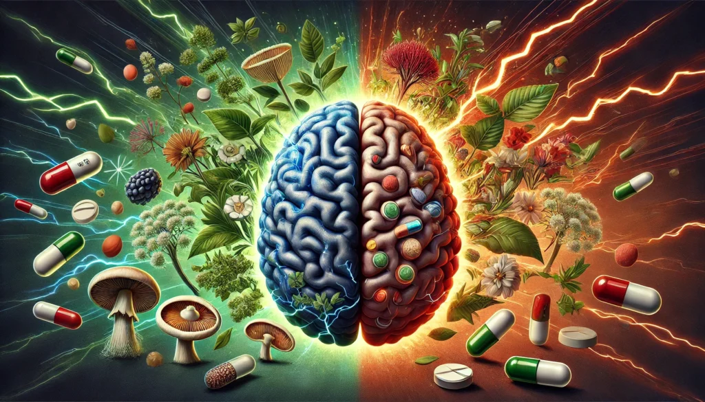 A conceptual brain illustration divided into two halves, with one side glowing in green and blue, surrounded by natural nootropic ingredients, and the other side illuminated with red lightning bolts and prescription pills, visually contrasting Thesis Nootropics and Adderall.