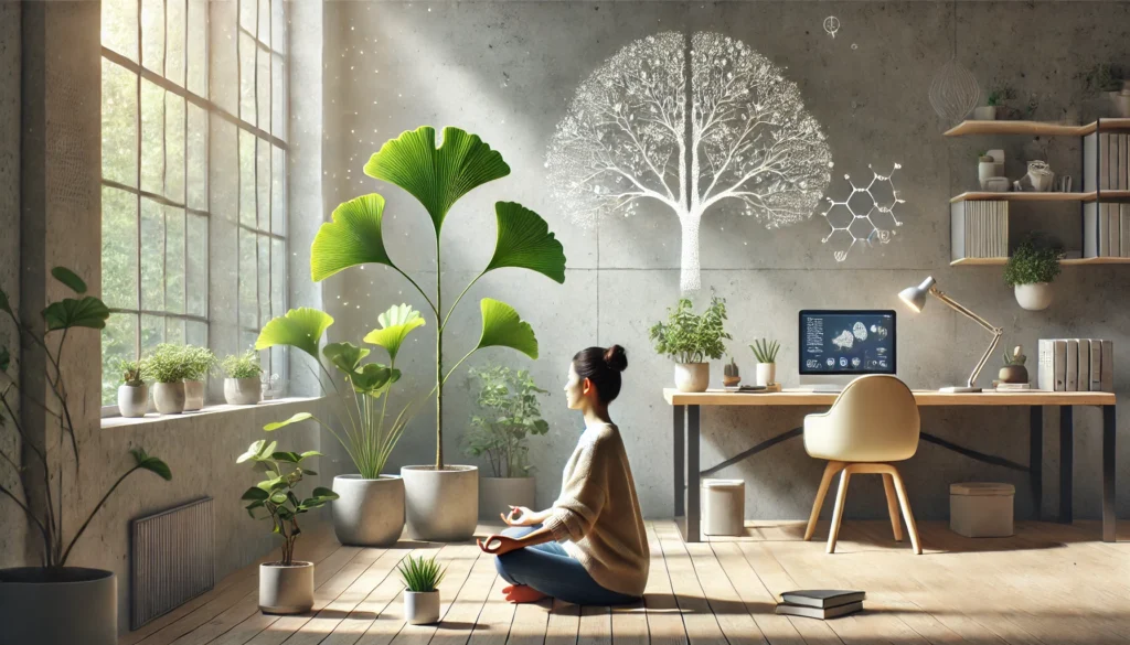 ALT Text: Calm indoor workspace with natural lighting, featuring a person meditating surrounded by Ginkgo Biloba plants, representing mindful focus and mental clarity.