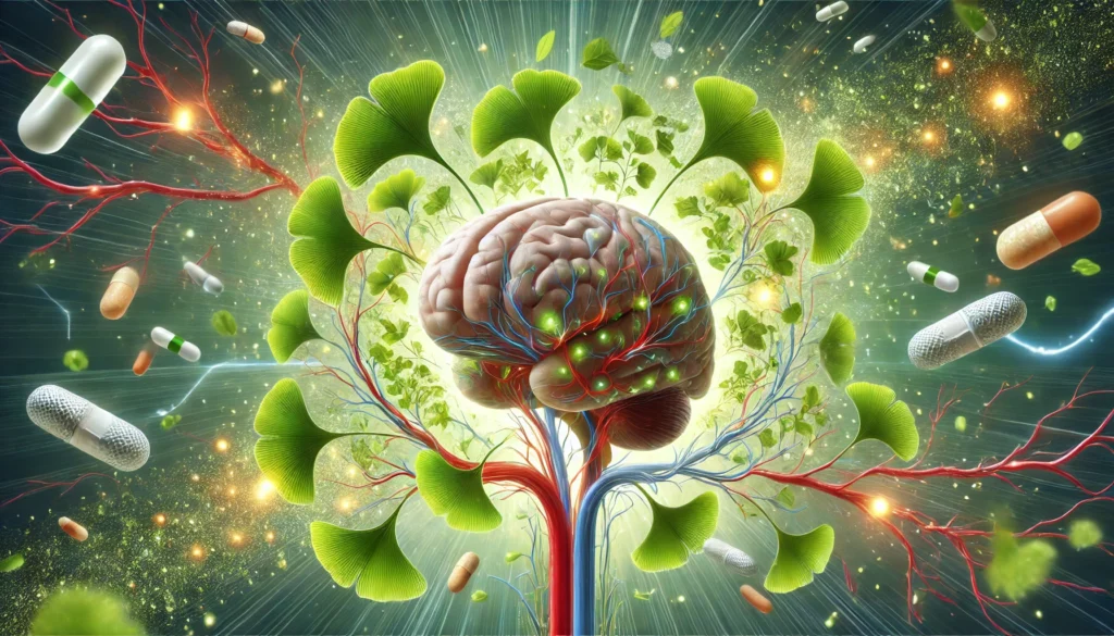 A healthy human brain encircled by Ginkgo Biloba leaves and microscopic aspirin particles, with glowing arteries suggesting enhanced blood flow.