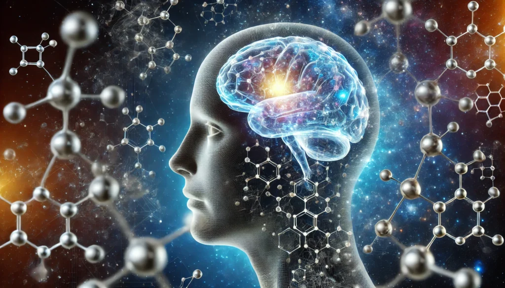 A futuristic human head with a transparent, glowing brain surrounded by molecular structures, illustrating the scientific advancement of nootropic compounds.