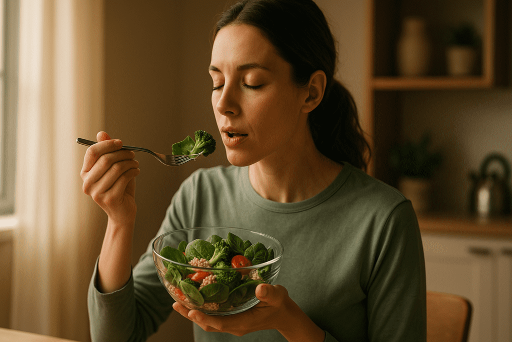 A tired man sits in a warmly lit kitchen, gently pressing his forehead while holding a forkful of greens above a plate of vegetables and avocado. This image highlights fatigue-fighting foods like leafy greens and orange juice, promoting natural wakefulness and sustained focus.