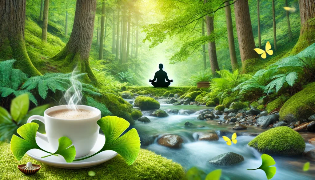 A tranquil forest scene with a person meditating beside a stream, accompanied by a steaming cup of coffee and Ginkgo leaves, reflecting harmony between nature, mindfulness, and cognitive energy.