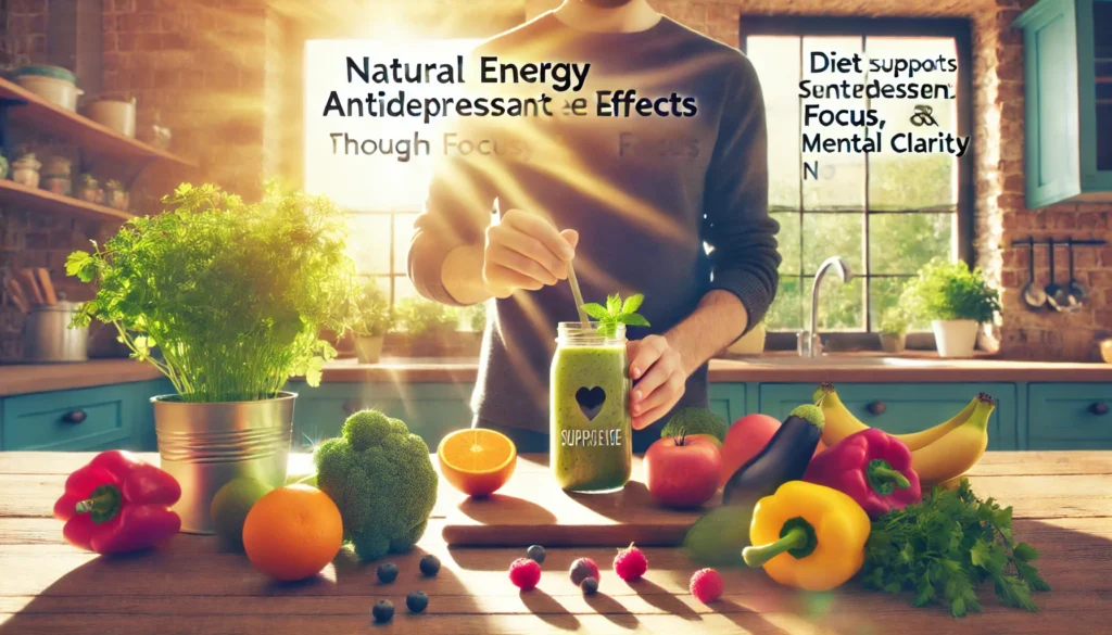 Sunlit kitchen with a person preparing a vibrant smoothie from fresh fruits and vegetables, representing natural energy and dietary support for focus.