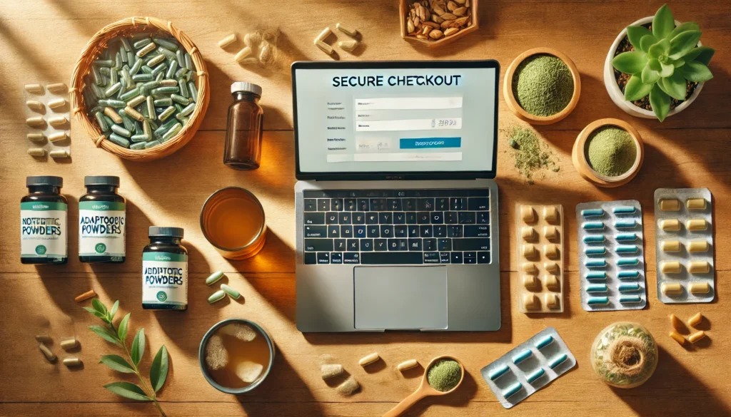 Top-down view of a wooden desk with herbal supplements, a secure online checkout on a laptop, and a calming workspace promoting safe online nootropic purchases.