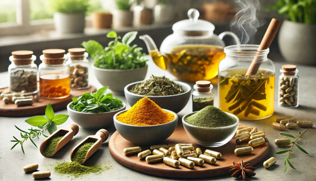 Modern kitchen scene with bowls of powdered turmeric, green tea leaves, and herbal capsules alongside fresh nootropic plants and a steaming teapot, highlighting natural supplement preparation.