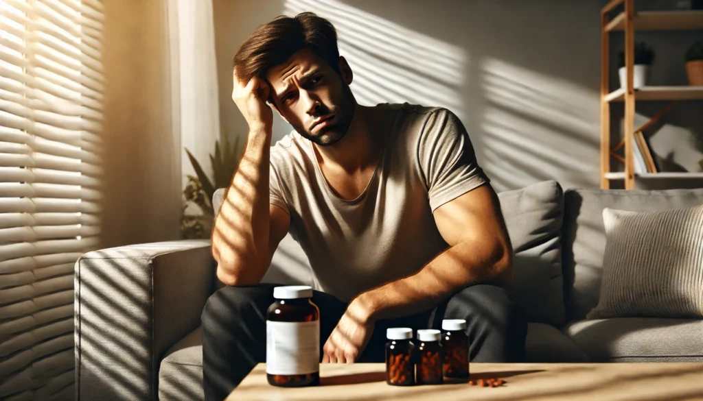 Man sitting on a couch in natural daylight holding a multivitamin bottle with a tired and confused expression, suggesting possible drowsiness from vitamins