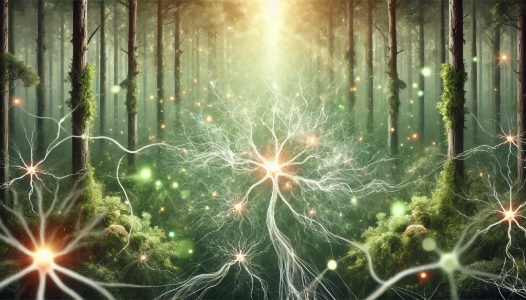 Artistic rendering of neurons firing in a forest-inspired environment, merging nature and neuroscience to depict mental clarity and herbal brain support.