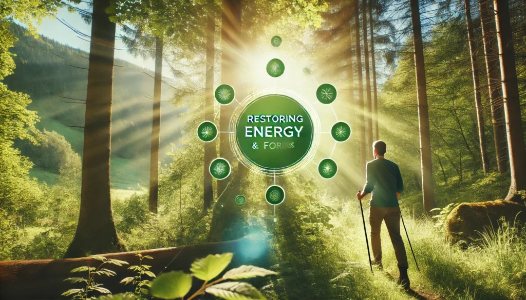 Energized person hiking through a sunlit forest trail, surrounded by lush green trees and nature, visually representing physical vitality and a natural approach to boosting energy and focus.