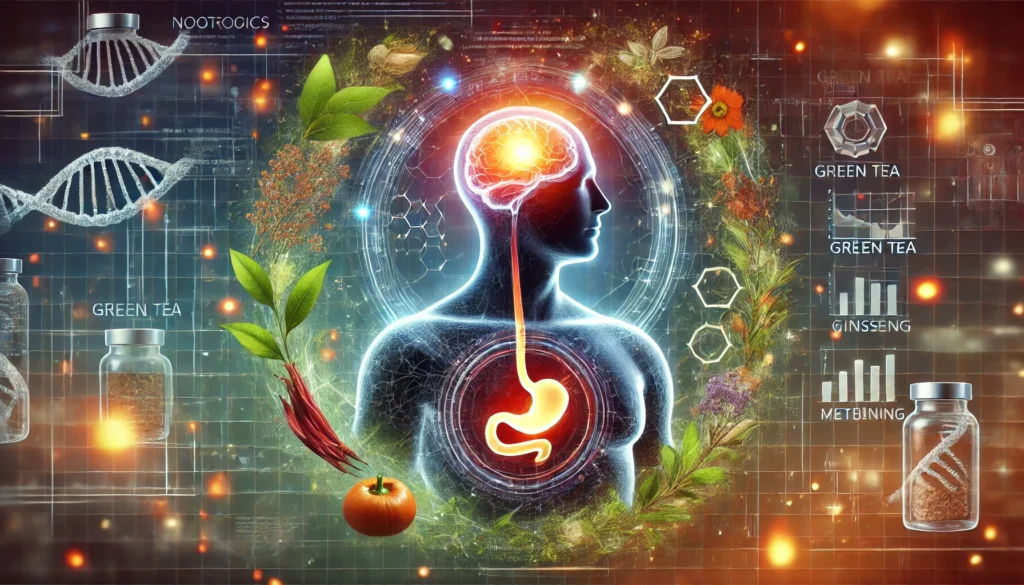 A science-inspired representation of nootropics supporting metabolism, featuring a transparent figure with a glowing brain, energy flows representing fat burning, and natural elements like green tea leaves and ginseng.