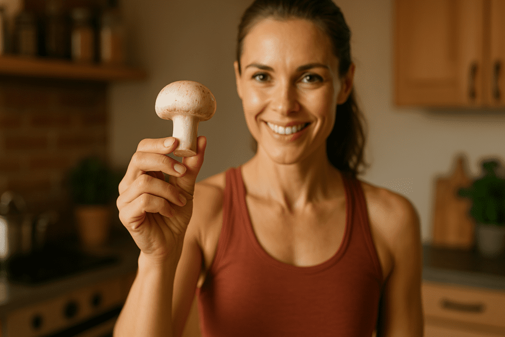 A fit woman in a warm-toned kitchen smiles as she holds a plump mushroom up for display, with soft indoor lighting casting a cozy and health-focused mood. The earthy environment and her vibrant expression underscore the role of mushrooms in nutritious, active lifestyles.