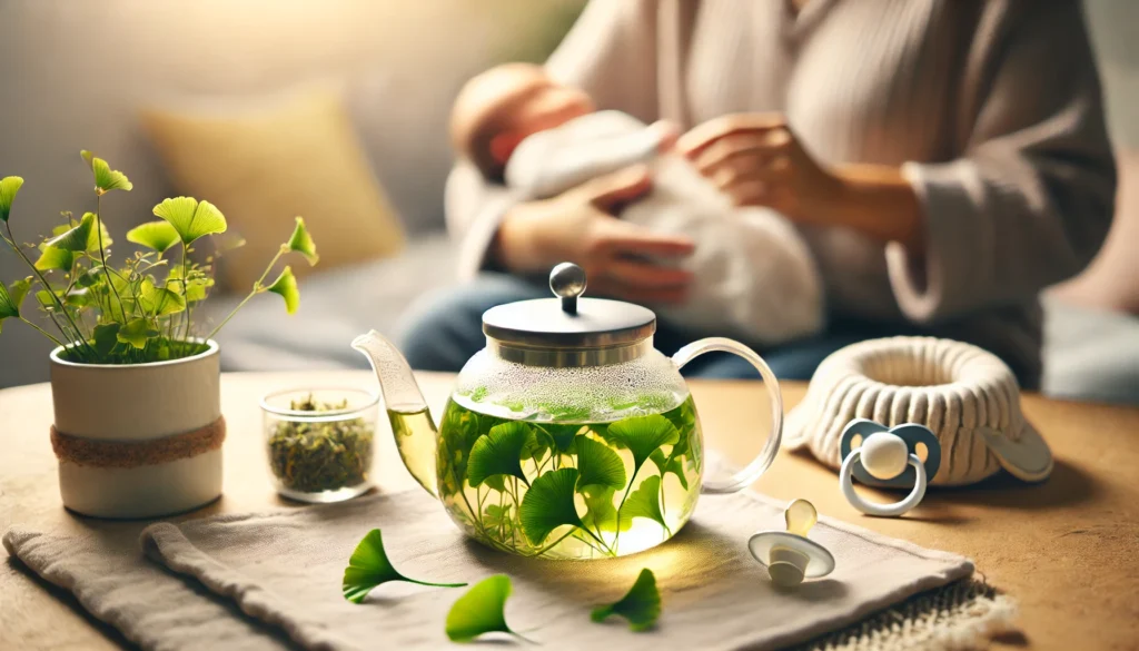 A close-up of Ginkgo biloba leaves steeping in a glass teapot with soft-focus baby items in the background, representing mindful use of herbs in a breastfeeding household.
