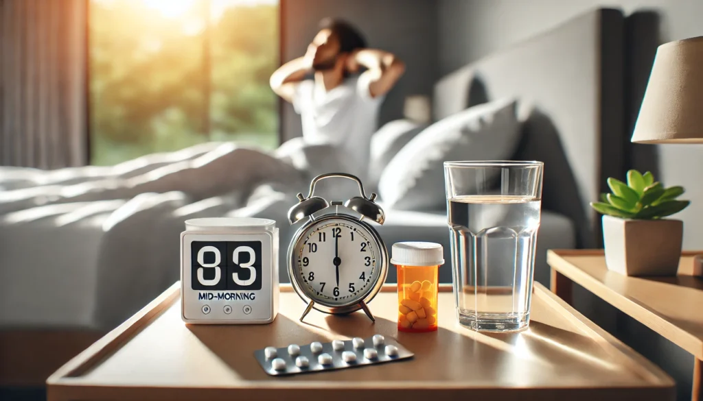 Clean bedside table with prescription medication bottles, a glass of water, and a digital clock in soft morning light, illustrating a daily routine for managing excessive daytime sleepiness.