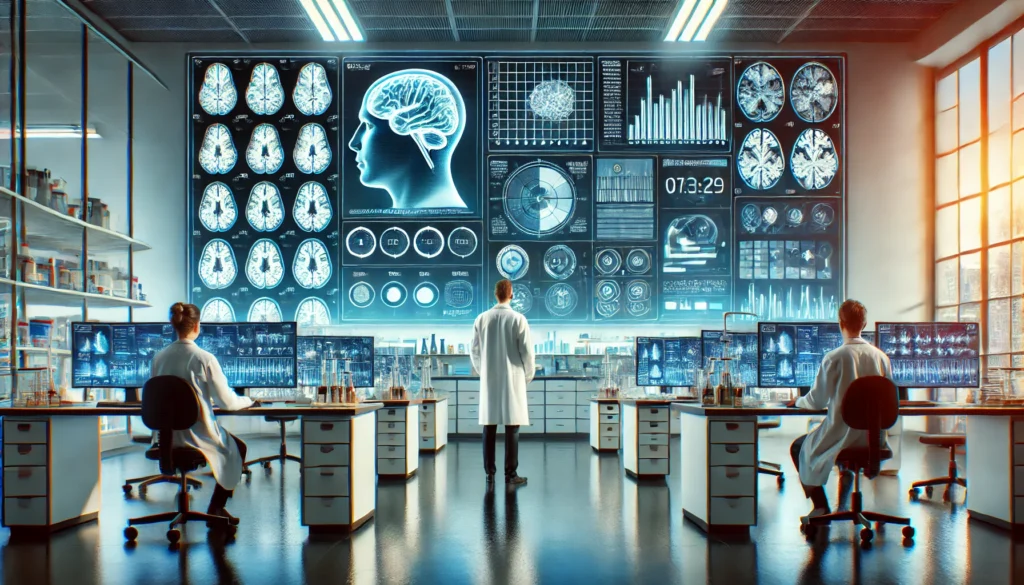 Modern medical research lab with brain scans and scientists analyzing data, representing neurological drug development for narcolepsy and cataplexy.