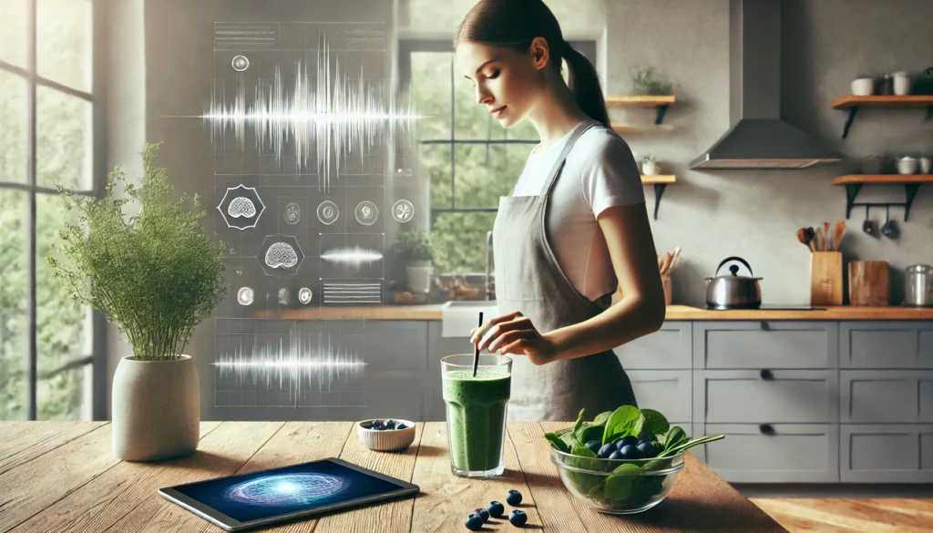A focused individual preparing a green smoothie with brain-boosting ingredients in a sunlit kitchen, representing lifestyle integration of nootropics for energy and focus.