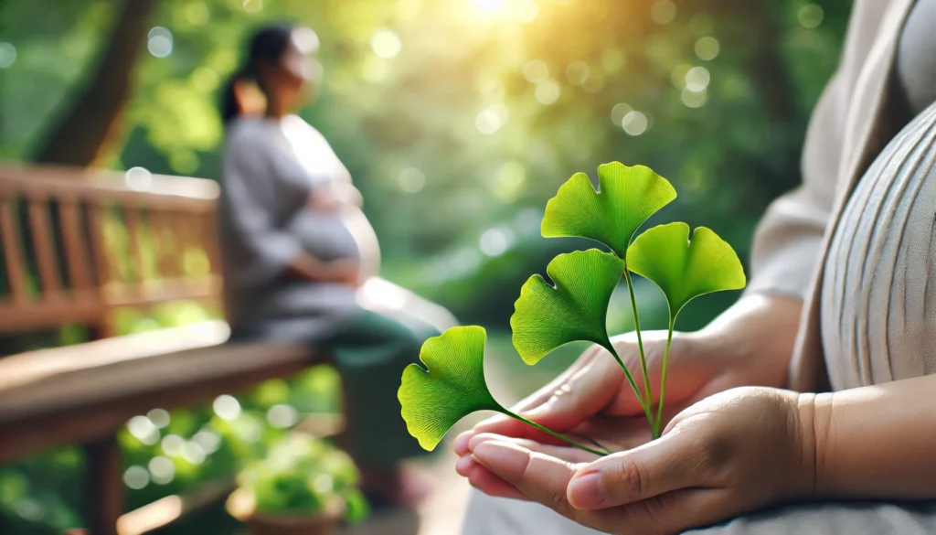 Close-up of fresh ginkgo biloba leaves with dew, with a pregnant woman blurred in the background, evoking harmony and nature-focused prenatal reflection.