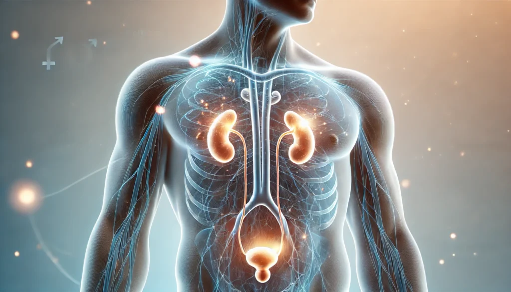 Conceptual anatomical visualization of male endocrine glands including testes, adrenal, and pituitary, illustrating testosterone regulation.
