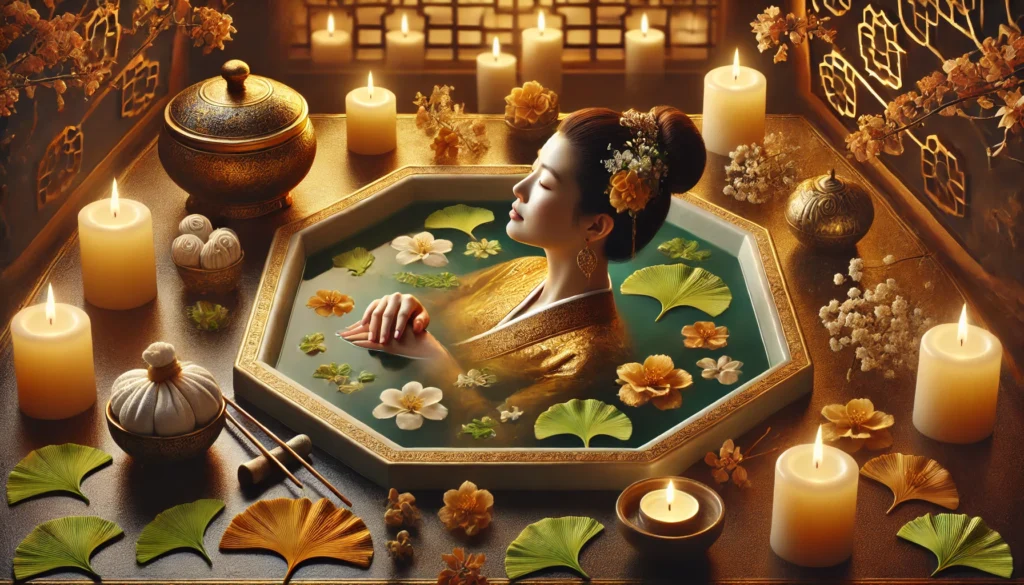 A serene spa scene with a woman relaxing in an herbal bath surrounded by floating ginkgo biloba leaves and flowers, illuminated by candlelight and gentle steam, representing sensual rejuvenation and libido enhancement.