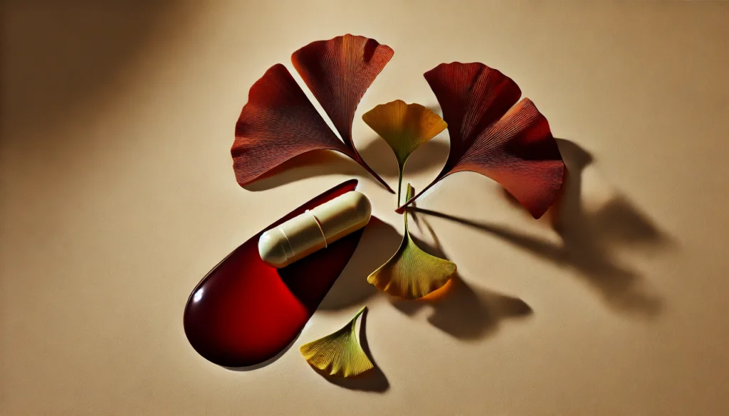 Conceptual image of a ginkgo biloba supplement capsule with nearby leaves casting a shadow resembling a blood droplet, highlighting health risks.