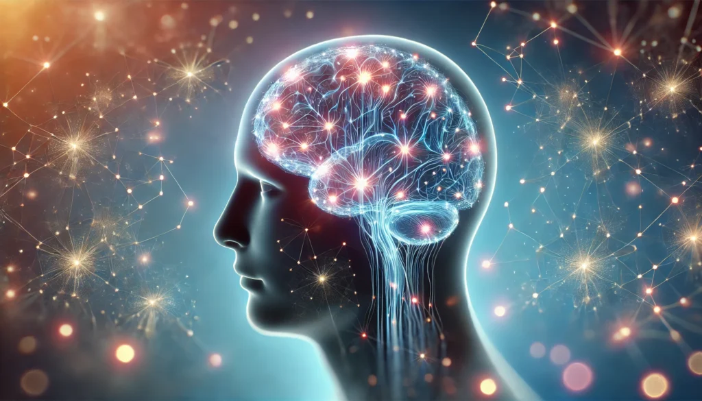 A futuristic visualization of a human brain with glowing neural connections, depicting cognitive enhancement and stress relief through nootropics.