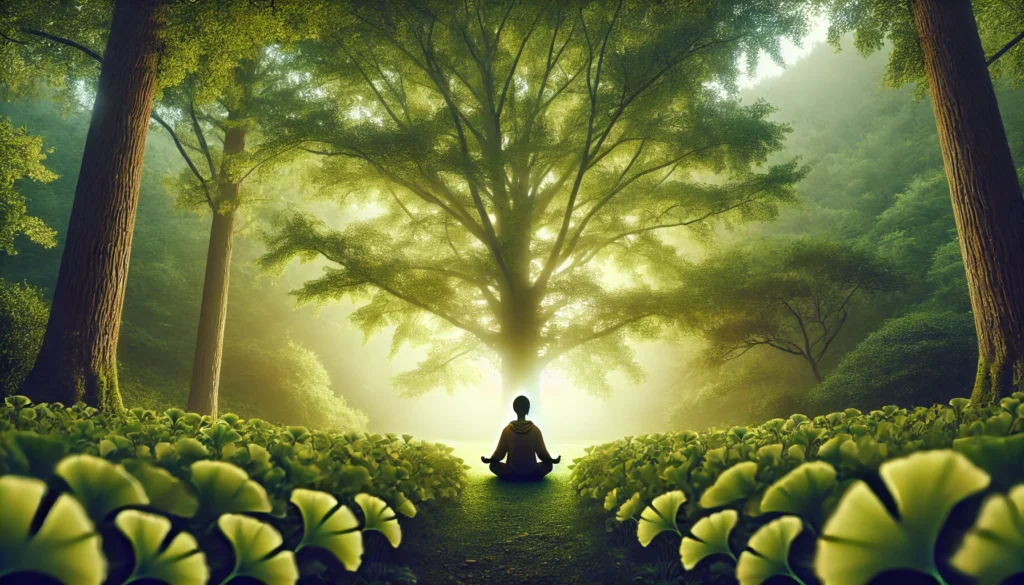 Person meditating under Ginkgo biloba trees in a peaceful natural setting with soft mist, evoking focus, mental calm, and fading brain fog.
