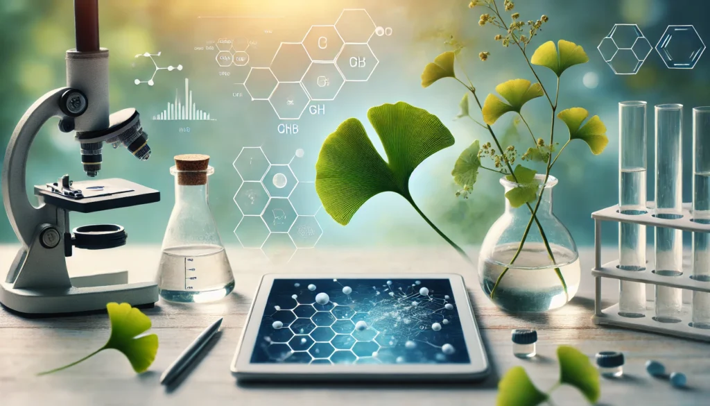 Scientific research concept with a Ginkgo Biloba leaf next to laboratory glassware and digital molecular data, visually blending herbal medicine with modern science.
