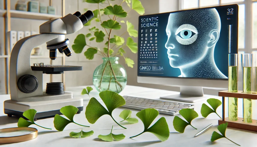 Modern laboratory scene with Ginkgo Biloba leaves beside a 3D model of a human eye on a computer screen, representing scientific research into natural support for eye health.