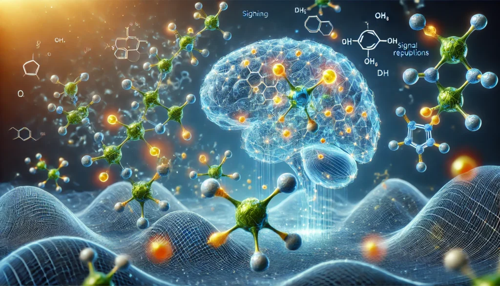 Futuristic 3D visualization of Ginkgo biloba molecules interacting with neural receptors in the brain, highlighting the botanical mechanism of cognitive enhancement.