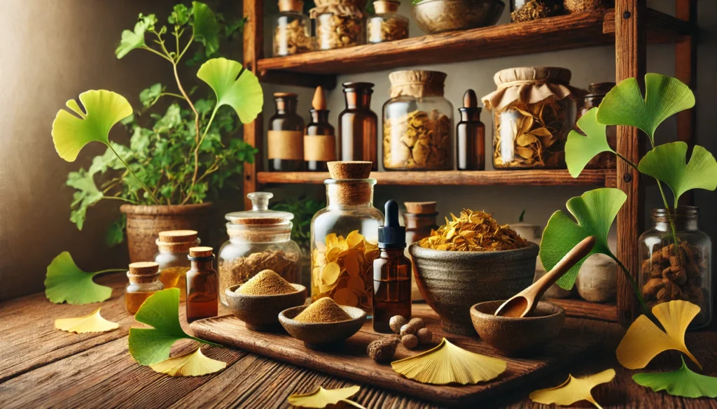 Rustic apothecary shelves filled with Ginkgo biloba tinctures, dried leaves, and powdered extract surrounded by green plants and soft lighting.
