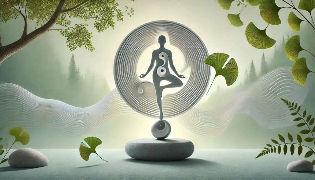 A silhouetted figure holds a yoga balance pose on a circular stone platform, surrounded by soft waves and floating ginkgo leaves, symbolizing equilibrium and vertigo relief.