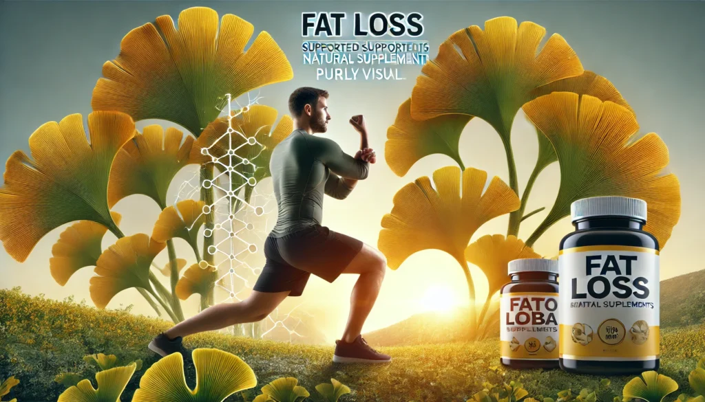 Fit man stretching outdoors at sunrise surrounded by Ginkgo Biloba trees, illustrating natural fat loss support through active lifestyle and plant-based supplements."