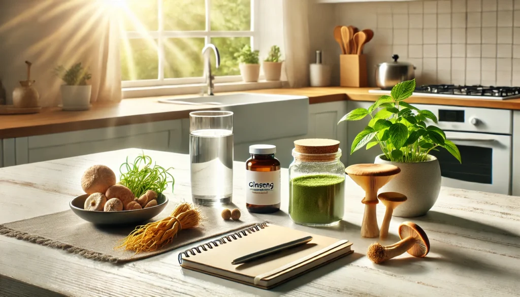 Bright kitchen table with ginseng, lion’s mane mushrooms, and matcha tea beside a notebook and glass of water, evoking a healthy, focused morning routine.