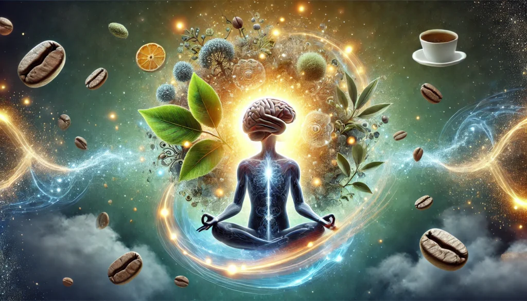 A glowing brain in a meditative posture, surrounded by swirling blue and golden light, representing mental energy and sharpness. Natural nootropic elements like coffee beans, green tea leaves, and Rhodiola rosea float around, symbolizing cognitive boosters. The background fades from foggy haze to crystal-clear clarity.