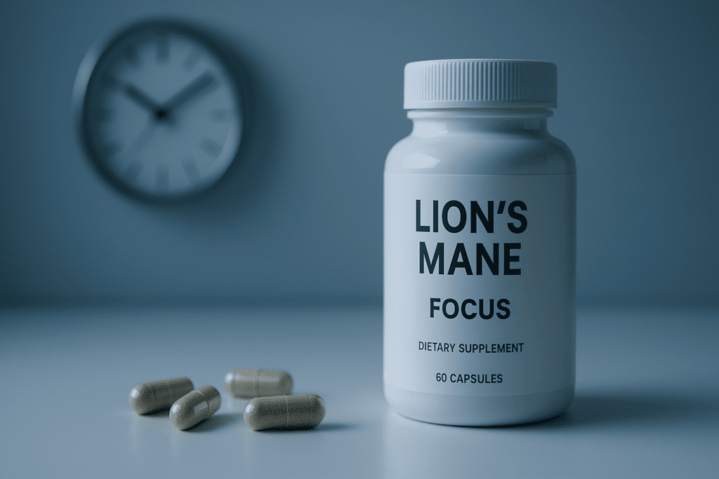 A minimalist close-up shows a white bottle labeled Lion’s Mane Focus with capsules beside it, set on a glossy white surface under cool clinical lighting. The sterile and modern feel of the scene reinforces science-backed dosing guidance and supplement timing for cognitive clarity.