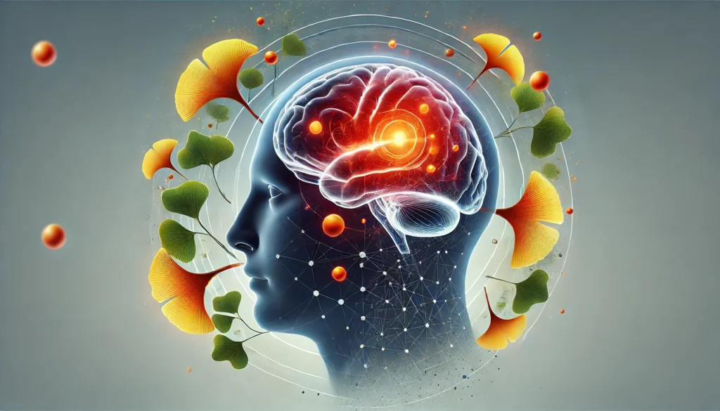 Scientific-style illustration of a human brain with red-orange migraine hotspots, surrounded by floating Ginkgo biloba leaves."
