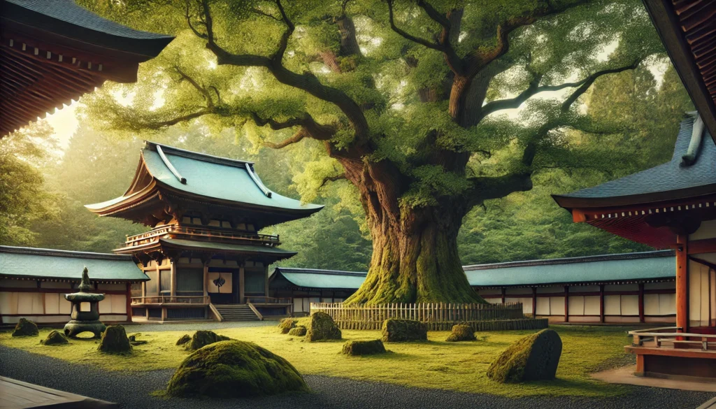 Ancient Ginkgo Biloba tree with a wide canopy and thick trunk in a tranquil Japanese temple garden with moss and traditional architecture.