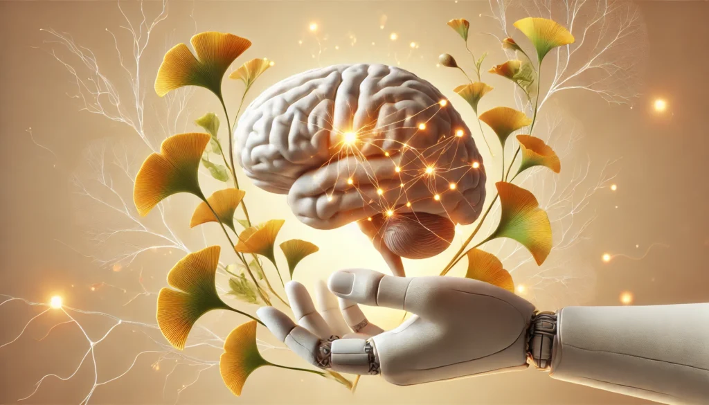 Scientific conceptual rendering of a brain cross-section with gentle electrical impulses and intertwined Ginkgo biloba leaves, illustrating the herb’s potential influence on neural stability and seizure control.