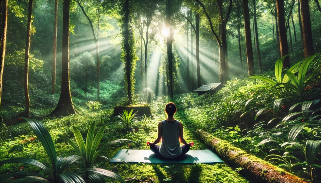Person meditating in a forest surrounded by sunlight and greenery, representing mindfulness-based memory exercises that enhance focus naturally.