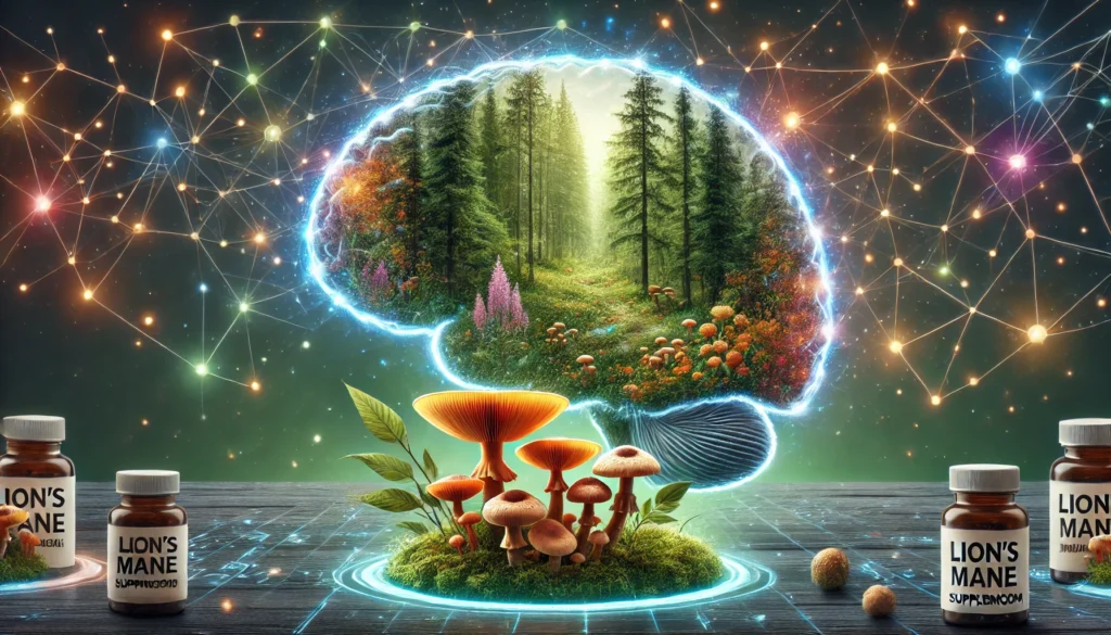 Forest merging into a digital brain with glowing neural connections and Lion’s Mane mushrooms at the junction, symbolizing the harmony between nature and cognitive enhancement.