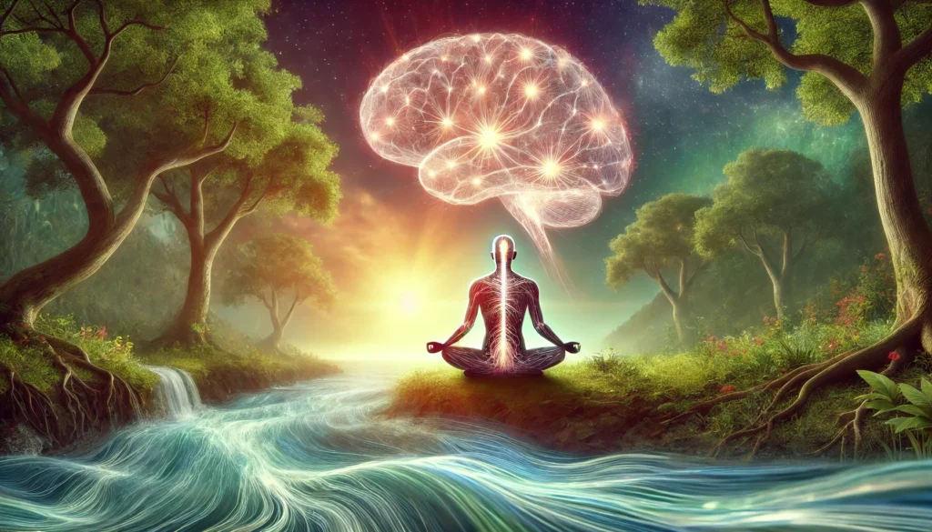 Peaceful nature scene with a person meditating outdoors, enhanced with glowing neural networks to represent natural cognitive regeneration and mental focus.