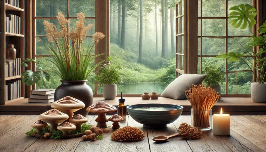 A tranquil, nature-inspired workspace featuring adaptogenic mushrooms like reishi, lion’s mane, and cordyceps, with a forest backdrop and soft natural light evoking focus, balance, and stress resilience.