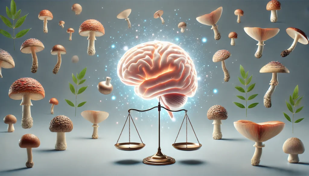 “Conceptual image of a glowing brain surrounded by floating medicinal mushrooms, illustrating the cognitive effects of mushroom nootropics.”