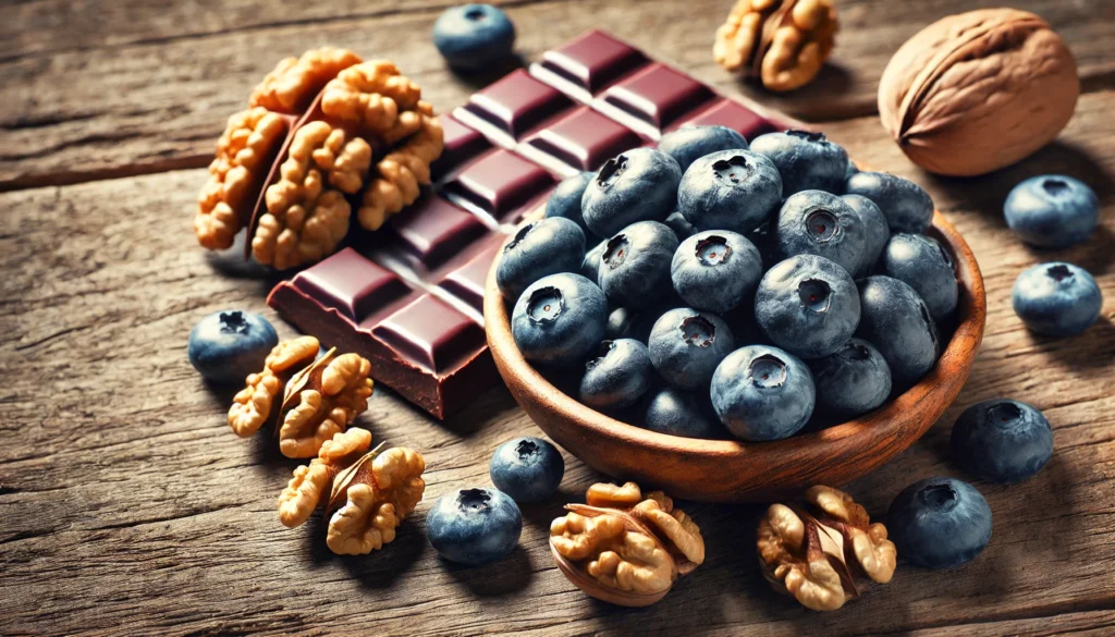 An artistic close-up of blueberries, walnuts, and dark chocolate on a rustic table, highlighting natural brain-boosting foods that support memory and concentration.