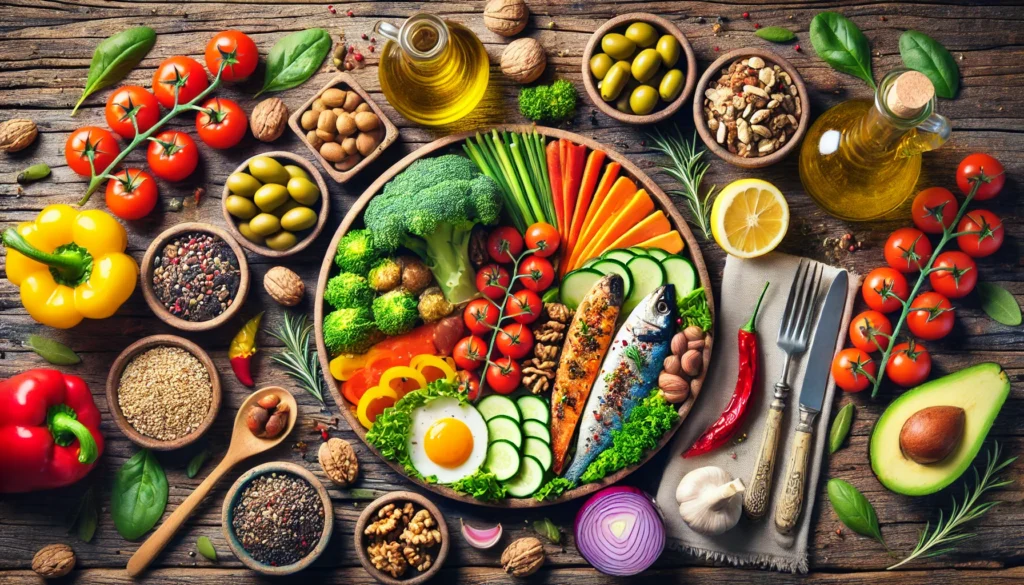 Colorful Mediterranean-style meal with vegetables, fish, nuts, and olive oil on a rustic table, representing brain-boosting nutrition and energy support.