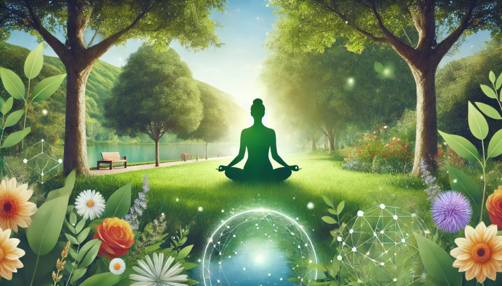 A tranquil outdoor scene with a person meditating in a lush green park, representing the calming effects of natural nootropics. The vibrant nature, including trees and flowers, reinforces relaxation, confidence, and mental well-being.