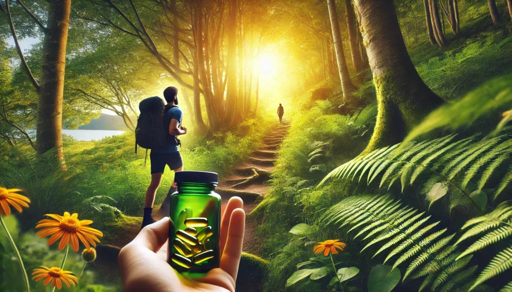 A person pausing on a lush forest trail to take a natural supplement capsule, symbolizing holistic ADHD management and connection with nature.